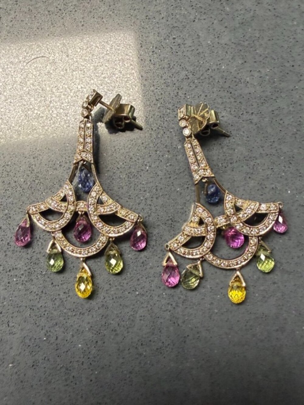 Multi-gem/diamond chandelier earrings with matching necklace